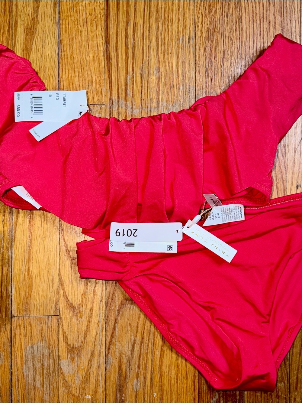 Trina Turk Red Ruffle Off-Shoulder Bikini Set